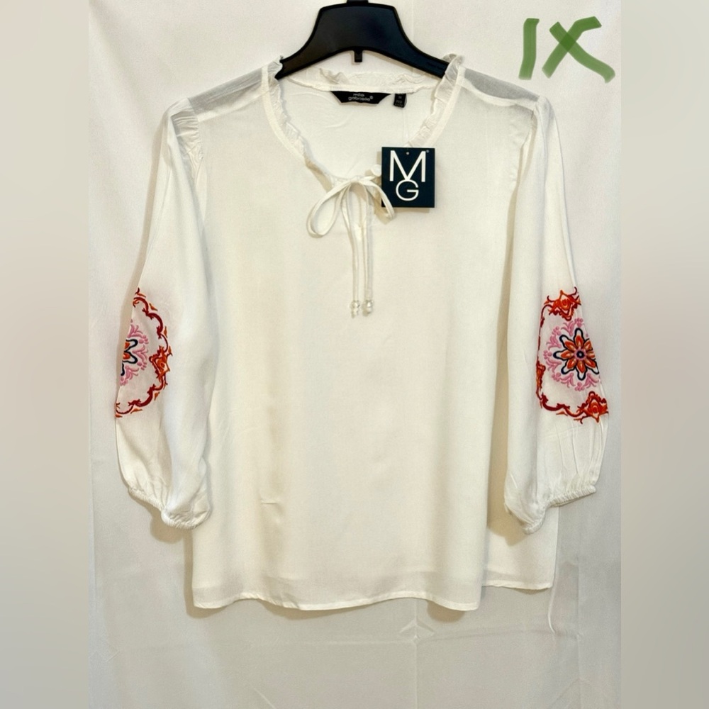Mlle Gabrielle Cream Blouse with Red Floral Embroidery